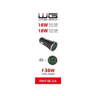 WG - Avtomobilski polnilec 2x USB-A 36W, QC 3.0   QC 3.0, črn