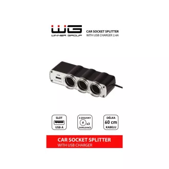 WG - Avtomobilski polnilec, vozlišče, 3x 12V vtičnica za vžigalnik   1x USB-A, s podaljškom