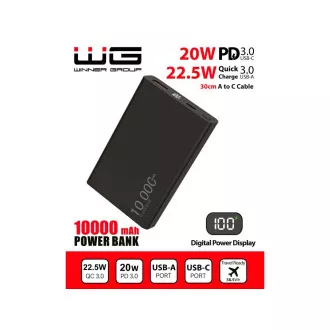 WG - Power Bank 10000 mAh, USB-C PD 20W   USB-A 22,5W, črna