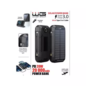 WG - Power Bank 20000 mAh, sončna plošča   brezžično polnjenje 15 W   svetilka   kompas, USB-C PD 20 W, črna