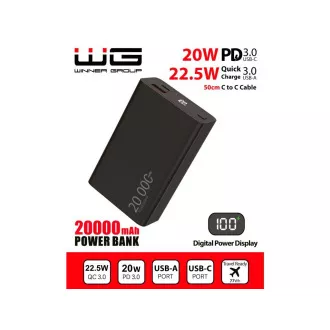 WG - Power Bank 20000 mAh, USB-C PD 20W   USB-A QC 22,5W, črna