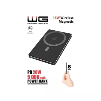 WG - Power Bank 5000 mAh, brezžična 15W   PD 20W, črna