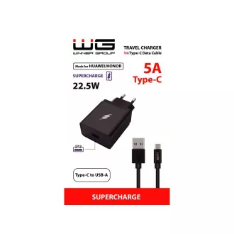 WG - Omrežni polnilec 1x USB-A 22, 5W, SuperCharge, 5V-9V-12V,   kabel USB-A na Type-C (5A), črn