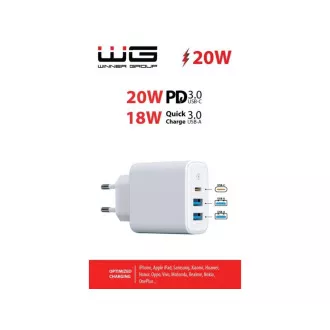 WG - Omrežni polnilec 3x USB, 1x USB-A QC 3.0   1x USB-A QC 3.0   1x USB-C PD 3.0, bel