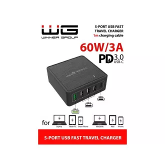 WG - Omrežni polnilec 5x USB 60W, 1x USB-A QC 3.0   3x USB-A Smart IC   1x USB-C PD, črn