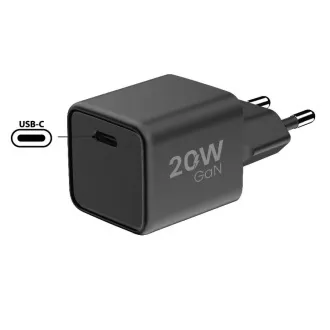 WG - GaN 1x USB-C, PD 20W, 5V-9V-12V, črna