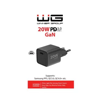 WG - GaN 1x USB-C, PD 20W, 5V-9V-12V, črna