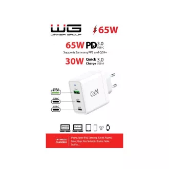 WG - GaN omrežni polnilnik 3x USB, 1x USB-A 30W   2x USB-C 65W, bel