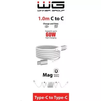 WG - Podatkovni kabel Type-C na Type-C, 1 meter, 3A, 60 W, magnetni samonavijalni, bel