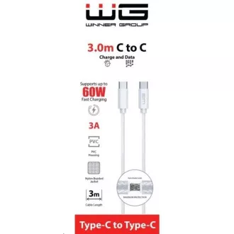 WG - Podatkovni kabel Type-C na Type-C, 3 metre, 3A, 60W, bel