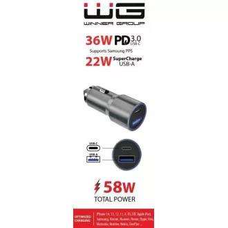 WG - Avtomobilski polnilec 2x USB 58, 5W, 1x USB-C PD 36W   1x USB-A 22,5W, srebrn