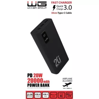 WG - Power Bank 20000 mAh, USB-C PD 20W   USB-A QC 3.0 22,5W, črna
