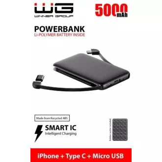 WG - Power Bank 5000 mAh, Micro USB   kabel tipa C   adapter Lightning, črna