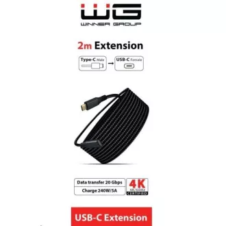 WG - Podaljšek USB-C (moški) do USB-C (ženski), 2 metra, najlonski oplet, črn