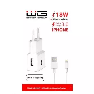 WG - Omrežni polnilnik 1x USB-A, Quick Charge 3.0, 5V-9V-12V, kabel USB-A za Lightning, bel