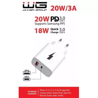 WG - Omrežni polnilec 2x USB, 1x USB-C PD 20W   1x USB-A QC 3.0 18W, bel