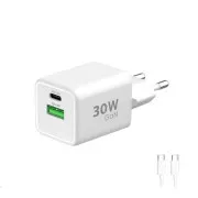 WG - GaN omrežni polnilnik 2x USB 30W, 1x USB-C PD3.0 PPS QC4 30W   USB-A 18W, kabel tipa C do tipa C, bel