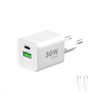 WG - GaN omrežni polnilnik 2x USB 30W, 1x USB-C PD3.0 PPS QC4 30W   USB-A 18W, kabel tipa C do tipa C, bel