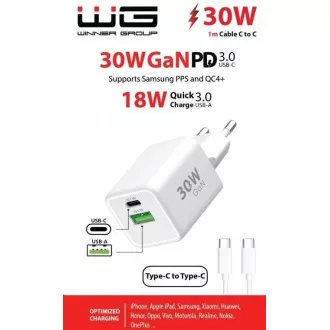 WG - GaN omrežni polnilnik 2x USB 30W, 1x USB-C PD3.0 PPS QC4 30W   USB-A 18W, kabel tipa C do tipa C, bel