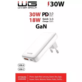 WG - GaN omrežni polnilnik 2x USB, 1x USB-C 30W 1x USB-A 18W, bel WG - GaN omrežni polnilnik 2x USB, 1x USB-C 30W 1x USB-A 18W, bel