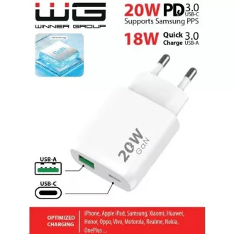 WG - Omrežni polnilec 2x USB, 1x USB-C PD 20W   1x USB-A QC3.0 18W, bel