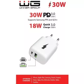 WG - Omrežni polnilec 2x USB, 1x USB-C PD PPS 3.0 30W   1x USB-A QC4 18W, bel