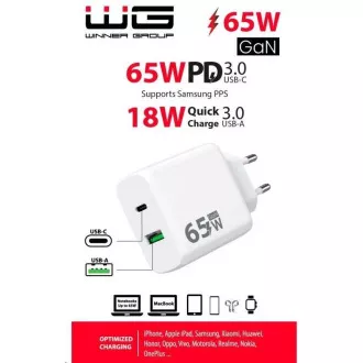 WG - GaN omrežni polnilnik 2x USB 65W, 1x USB-C PD 65W   1x USB-A QC3.0 18W, bel