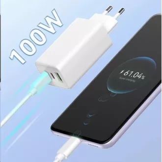 WG - GaN 100W omrežni polnilnik, 3x USB, 1x USB-A   2x USB-C, bel