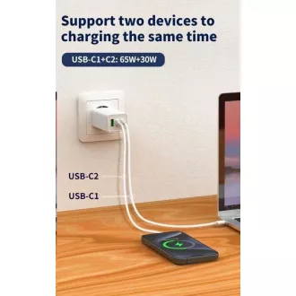 WG - GaN 100W omrežni polnilnik, 3x USB, 1x USB-A   2x USB-C, bel