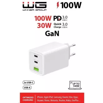 WG - GaN 100W omrežni polnilnik, 3x USB, 1x USB-A   2x USB-C, bel