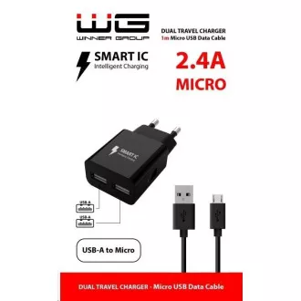 WG - Omrežni polnilec 2x USB-A 2, 4A, Smart IC   kabel USB-A do Micro USB, črn