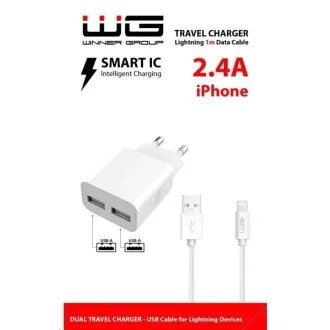 WG - Omrežni polnilec 2x USB-A 2, 4A, Smart IC   kabel USB-A za Lightning, bel