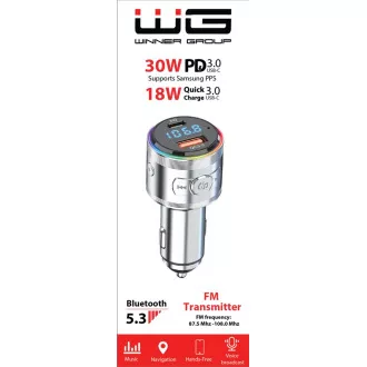 WG - Avtomobilski polnilnik, FM-oddajnik, USB-A QC 3.0 18W   USB-C PD 30W, srebrn