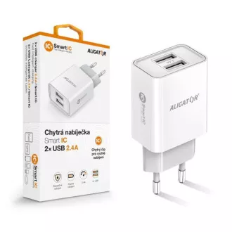 Aligatorski omrežni polnilnik, 2x USB, pametni IC, 2, 4 A, bel