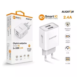 Aligatorski omrežni polnilnik, 2x USB, pametni IC, 2, 4 A, bel