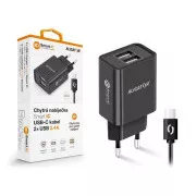 Aligatorjev mrežni polnilnik, 2x USB, pametni IC, 2, 4 A, kabel USB-C 2A, črn