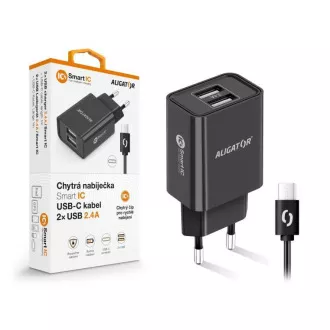 Aligatorjev mrežni polnilnik, 2x USB, pametni IC, 2, 4 A, kabel USB-C 2A, črn
