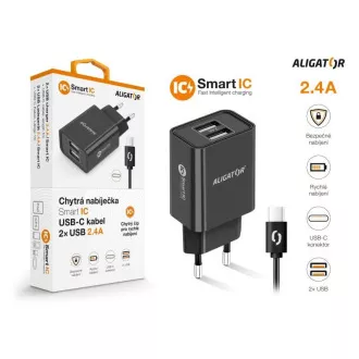 Aligatorjev mrežni polnilnik, 2x USB, pametni IC, 2, 4 A, kabel USB-C 2A, črn