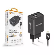 Aligatorski mrežni polnilec, 2x USB, pametni IC, 2, 4 A, kabel Lightning 2A, črn