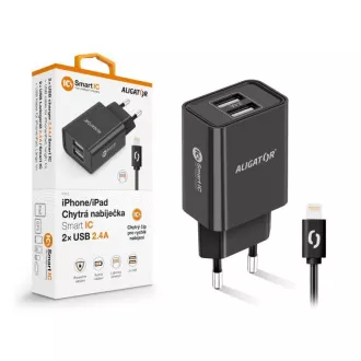 Aligatorski mrežni polnilec, 2x USB, pametni IC, 2, 4 A, kabel Lightning 2A, črn