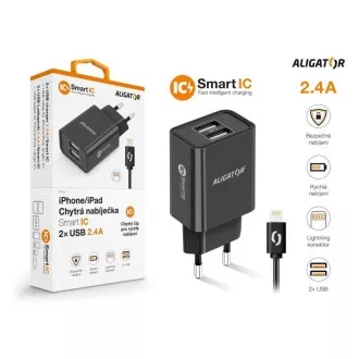 Aligatorski mrežni polnilec, 2x USB, pametni IC, 2, 4 A, kabel Lightning 2A, črn