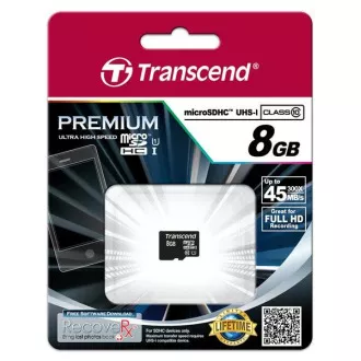 TRANSCEND MicroSDHC 8 GB Premium, razred 10 UHS-I 300x, brez adapterja
