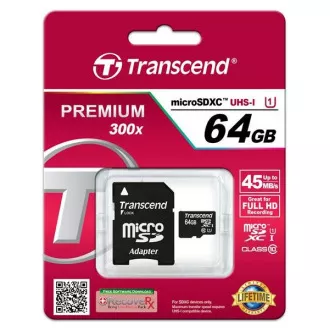 TRANSCEND MicroSDXC 64 GB Premium, razred 10 UHS-I 400x (R:85/W:35 MB/s)   adapter