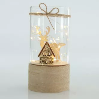 Eurolamp Stekleni dekor s kočo in severnim jelenom, 9 x 18 cm