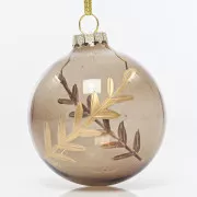 Eurolamp Božični okraski steklena rjava prozorna krogla z listi iz rožnatega zlata, 8 cm, komplet 4 kosov