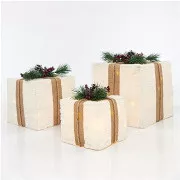 Eurolamp Božična dekoracija osvetljene škatle za darila z belim krznom, komplet 3, 15/20/25 cm