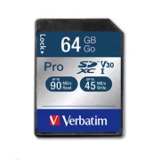 VERBATIM SDXC kartica 64GB Pro, U3, V30 (R:90/W:45 MB/s)