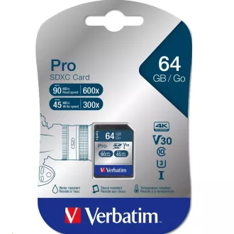 VERBATIM SDXC kartica 64GB Pro, U3, V30 (R:90/W:45 MB/s)