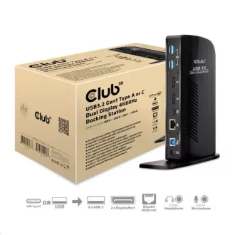 Club3D USB-A ali USB-C Priključna postaja z dvema zaslonoma 4K60Hz (6x USB 3.0/2x DP/Ethernet/USB-B/2x audio)