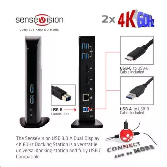 Club3D USB-A ali USB-C Priključna postaja z dvema zaslonoma 4K60Hz (6x USB 3.0/2x DP/Ethernet/USB-B/2x audio)